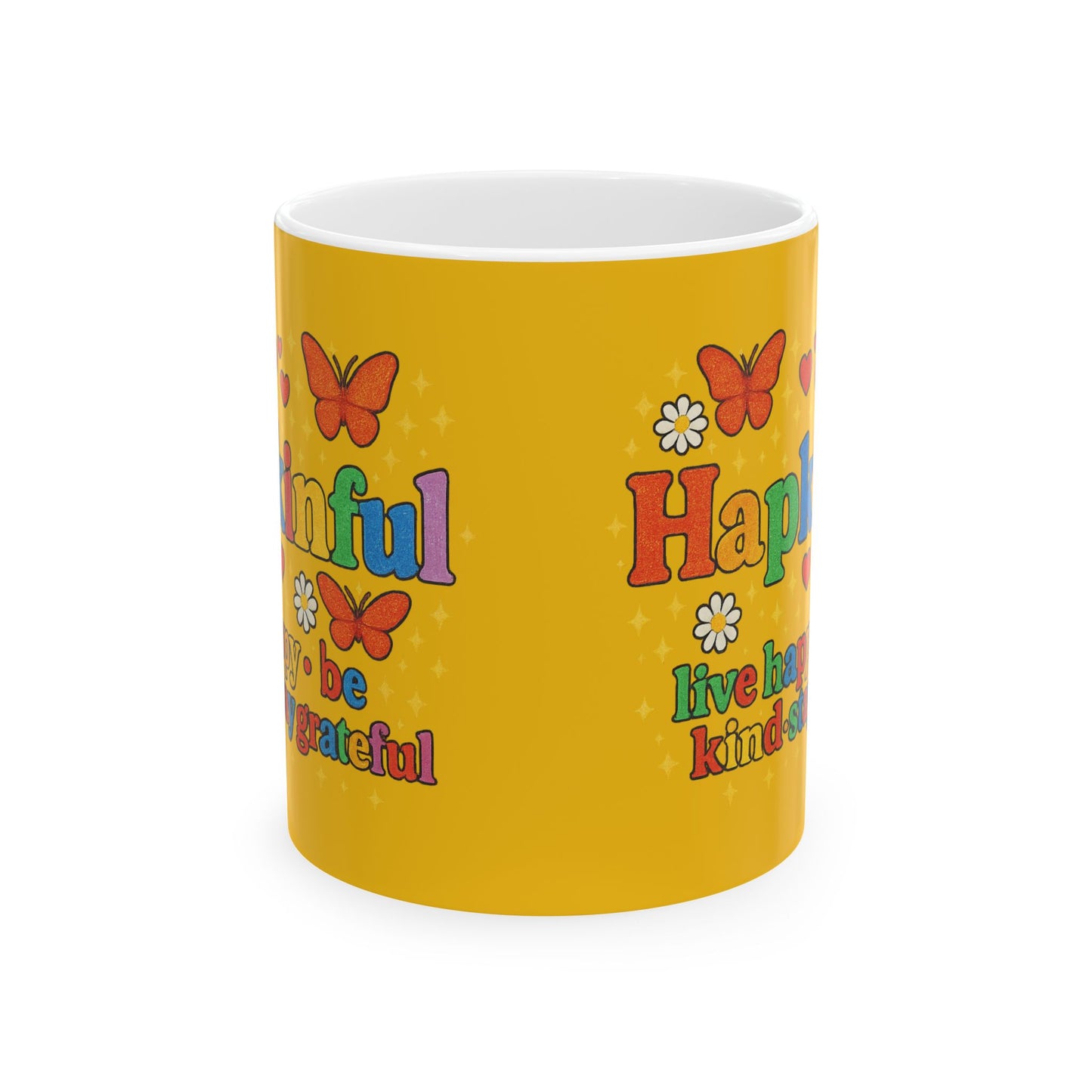 Happy Groovy Butterfly Yellow Mug - Hapkinful - Live Happy. Be Kind. Stay Grateful 11 oz