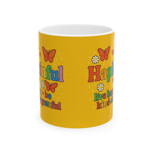 Happy Groovy Butterfly Yellow Mug - Hapkinful - Live Happy. Be Kind. Stay Grateful 11 oz