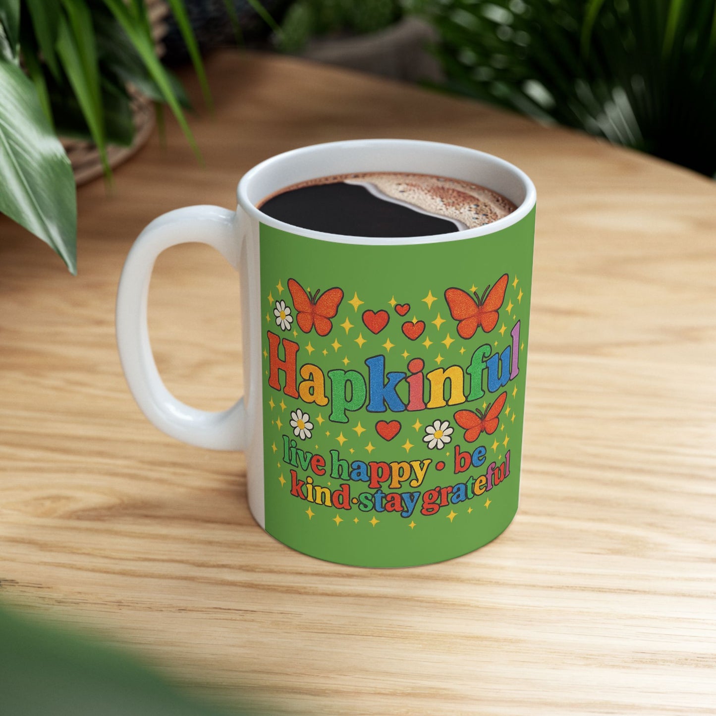 Happy Groovy Butterfly Green Mug - Hapkinful - Live Happy. Be Kind. Stay Grateful 11 oz
