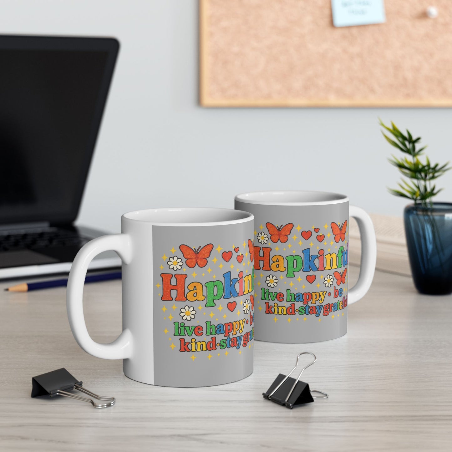 Happy Groovy Butterfly Light Grey Mug - Hapkinful - Live Happy. Be Kind. Stay Grateful