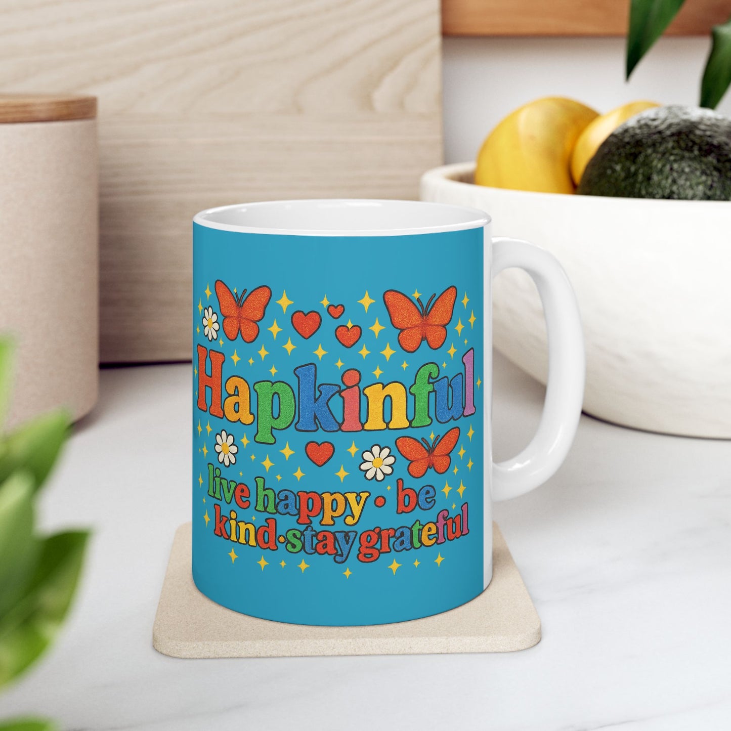 Happy Groovy Butterfly Turqoise Mug - Hapkinful - Live Happy. Be Kind. Stay Grateful 11 oz
