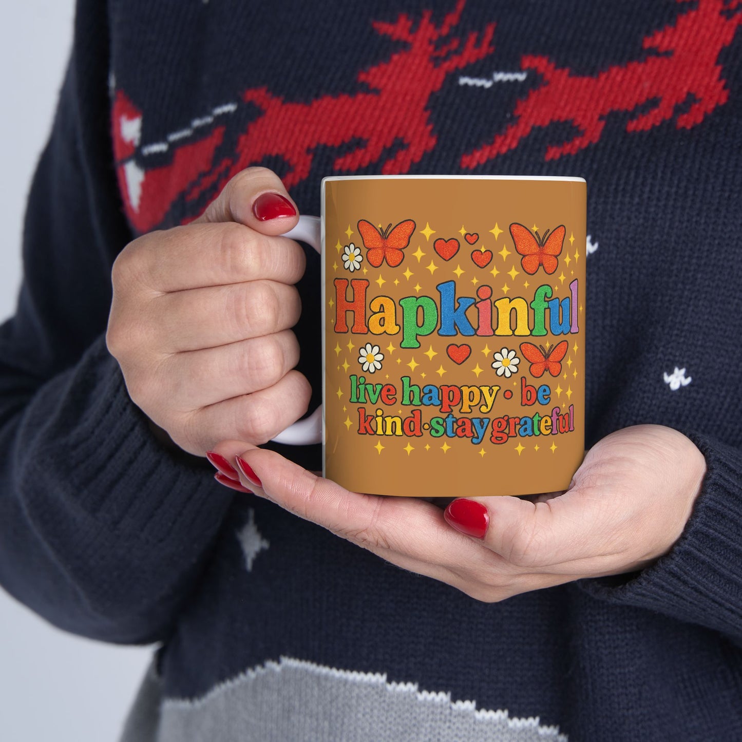 Happy Groovy Butterfly Brown Cafe Mug - Hapkinful - Live Happy. Be Kind. Stay Grateful
