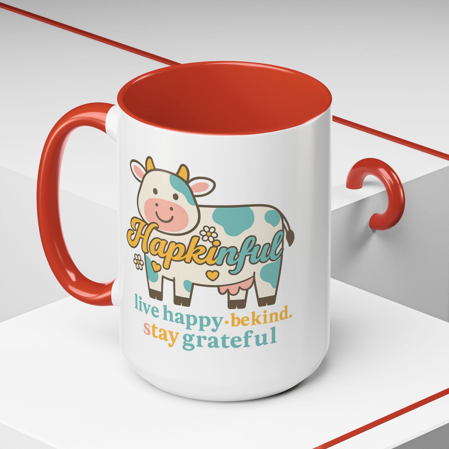 Happy Cow Mug - Hapkinful - Live Happy, Be Kind, Stay Grateful (11 & 15oz)