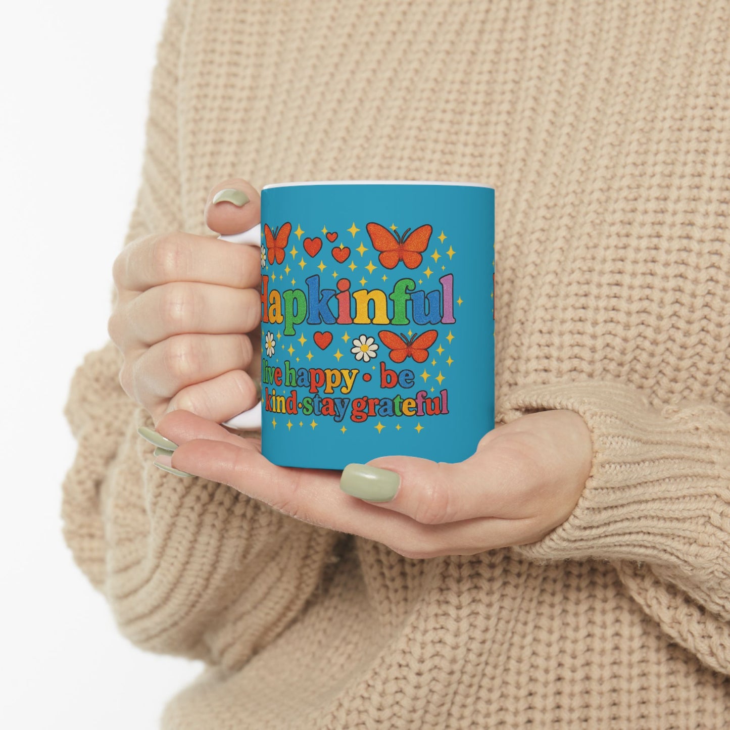 Happy Groovy Butterfly Turqoise Mug - Hapkinful - Live Happy. Be Kind. Stay Grateful 11 oz