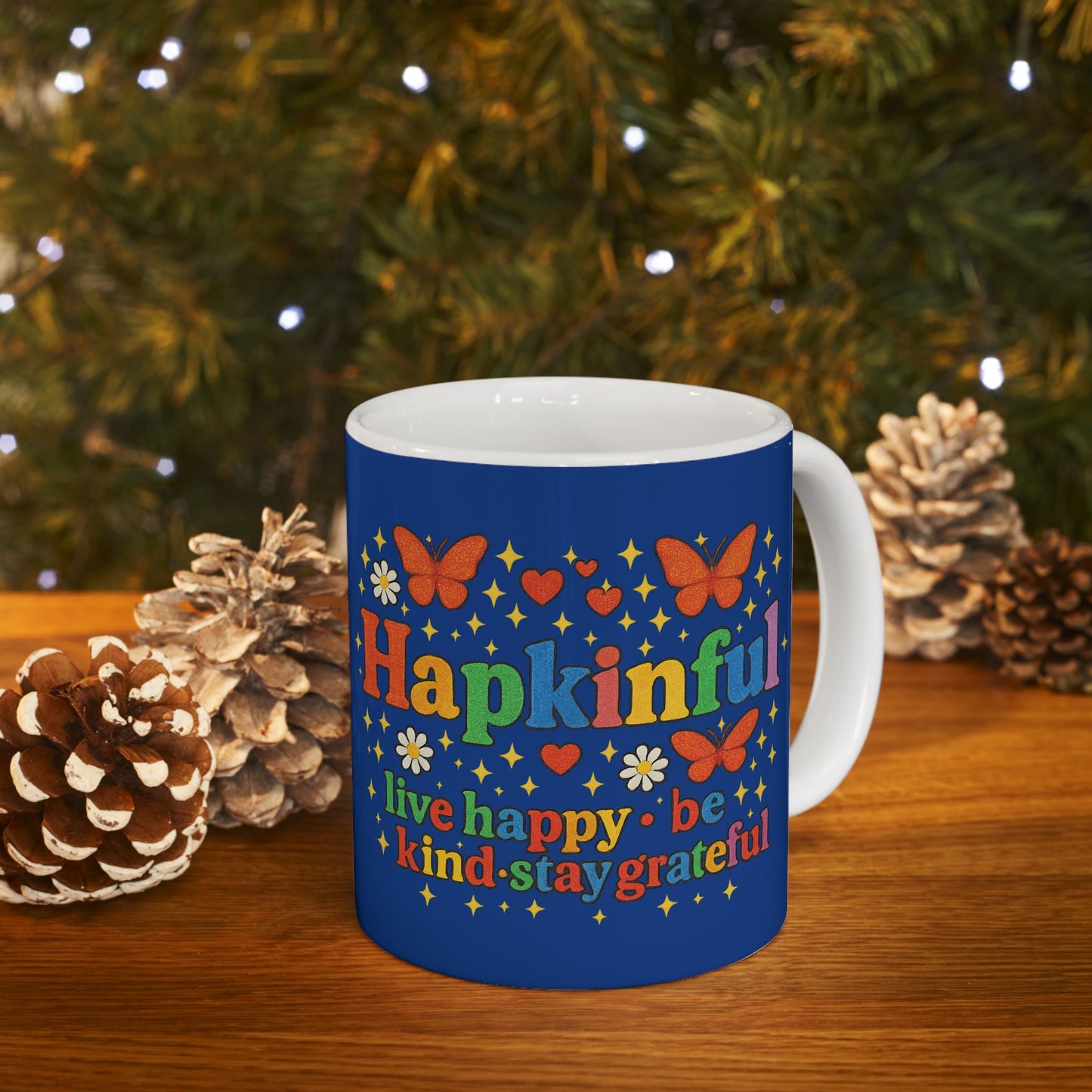 Happy Groovy Butterly Navy Blue Mug - Hapkinful - Live Happy. Be Kind. Stay Grateful. 11oz
