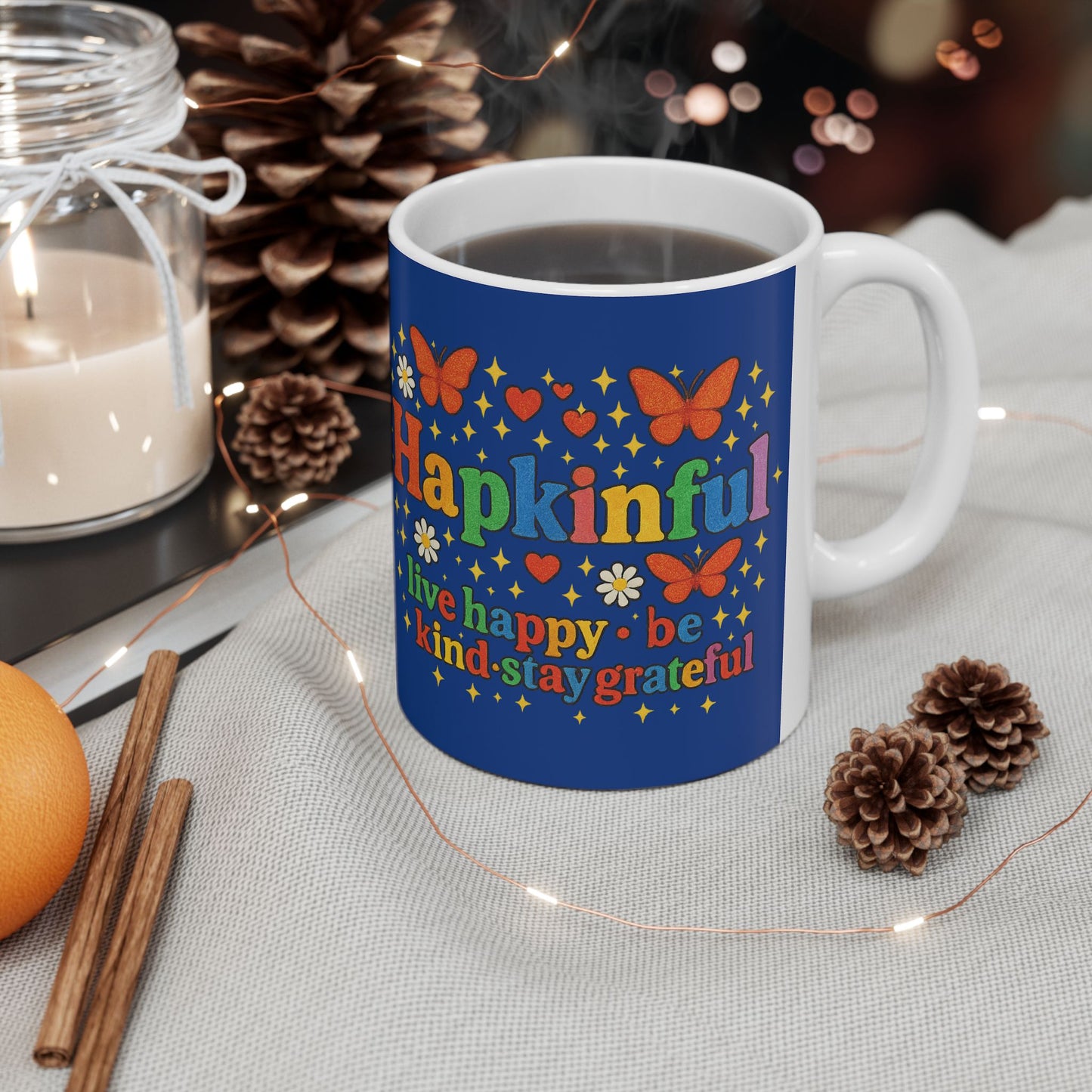 Happy Groovy Butterly Navy Blue Mug - Hapkinful - Live Happy. Be Kind. Stay Grateful. 11oz