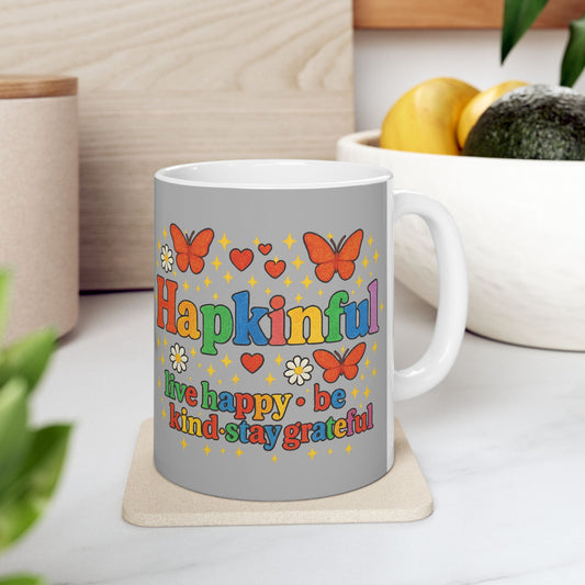 Happy Groovy Butterfly Light Grey Mug - Hapkinful - Live Happy. Be Kind. Stay Grateful