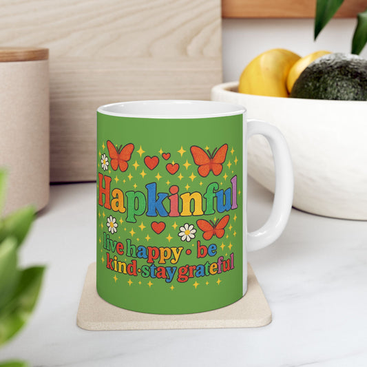 Happy Groovy Butterfly Green Mug - Hapkinful - Live Happy. Be Kind. Stay Grateful 11 oz
