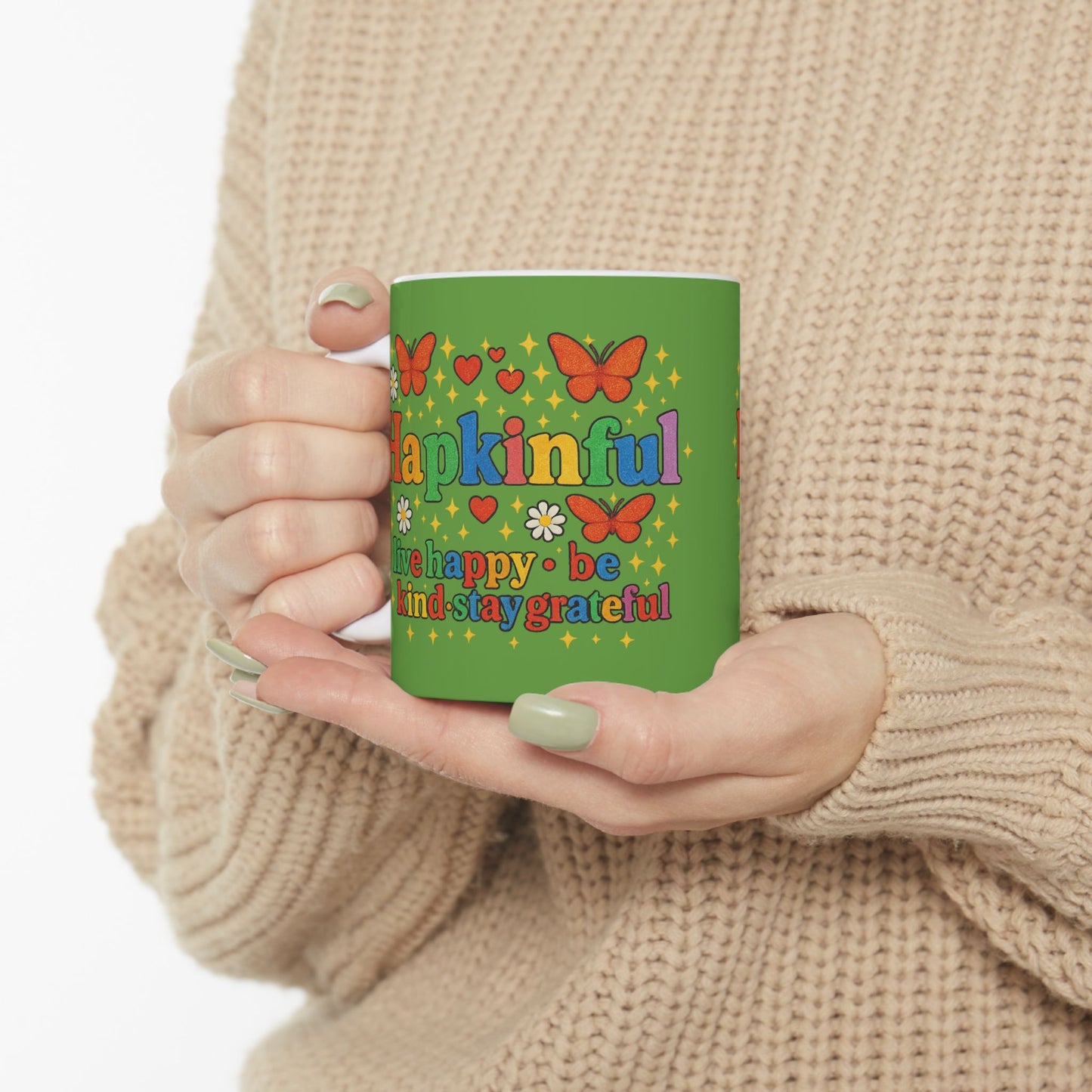 Happy Groovy Butterfly Green Mug - Hapkinful - Live Happy. Be Kind. Stay Grateful 11 oz