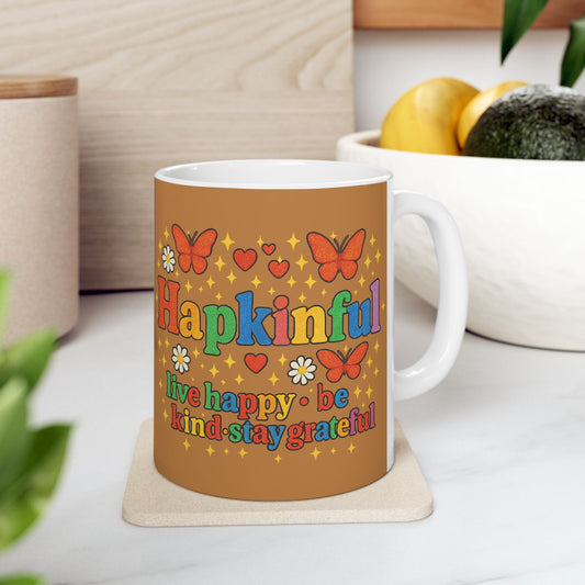 Happy Groovy Butterfly Brown Cafe Mug - Hapkinful - Live Happy. Be Kind. Stay Grateful