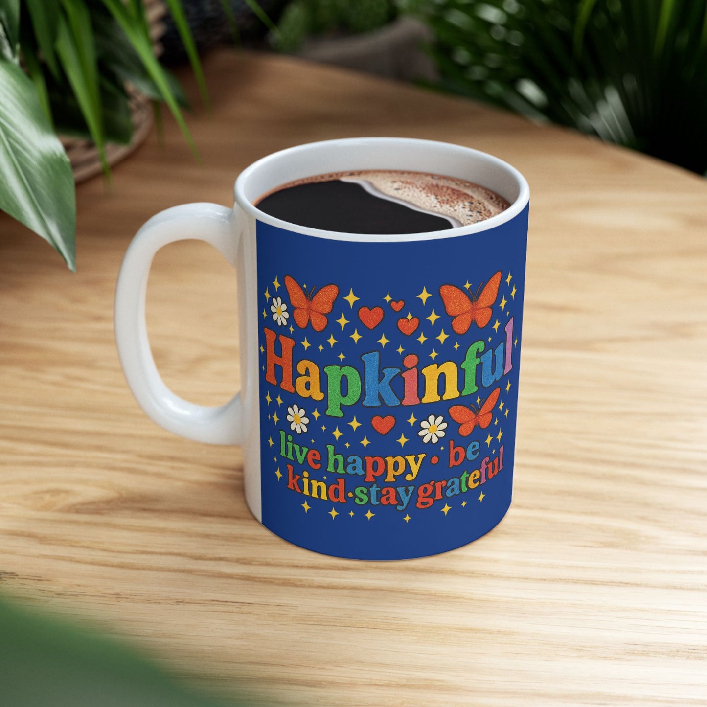Happy Groovy Butterly Navy Blue Mug - Hapkinful - Live Happy. Be Kind. Stay Grateful. 11oz