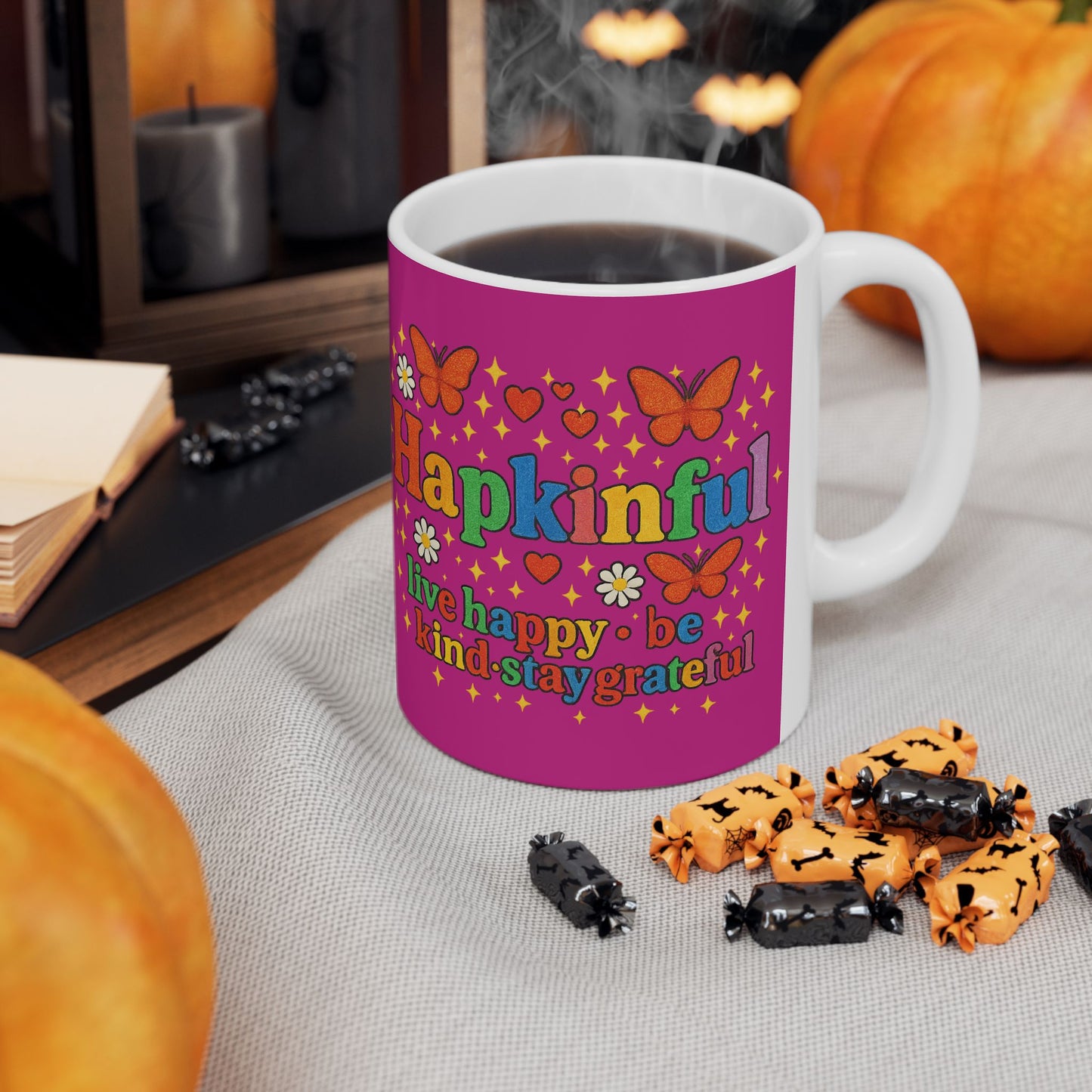Happy Groovy Butterfly Lavender Mug - Hapkinful -Live Happy. Be Kind. Stay Grateful 11oz