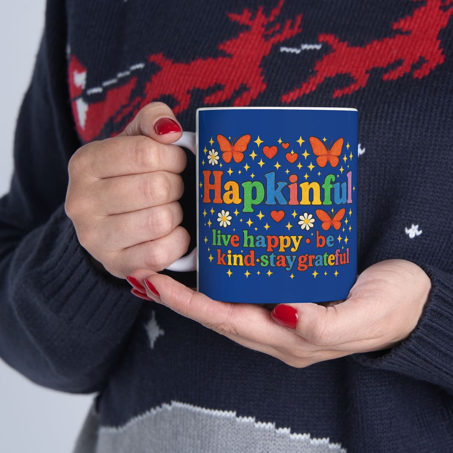 Happy Groovy Butterly Navy Blue Mug - Hapkinful - Live Happy. Be Kind. Stay Grateful. 11oz