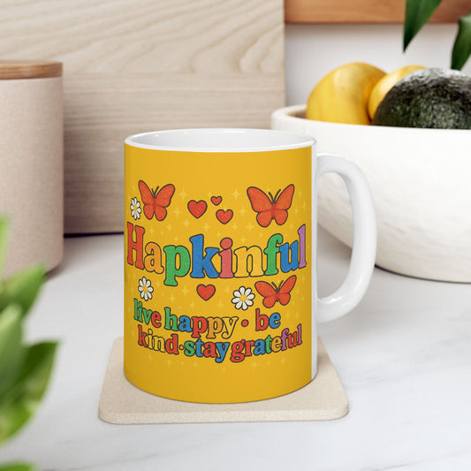Happy Groovy Butterfly Yellow Mug - Hapkinful - Live Happy. Be Kind. Stay Grateful 11 oz