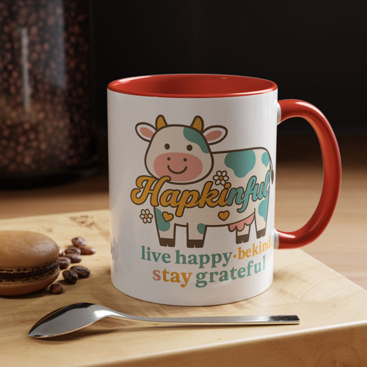Happy Cow Mug - Hapkinful - Live Happy, Be Kind, Stay Grateful (11 & 15oz)