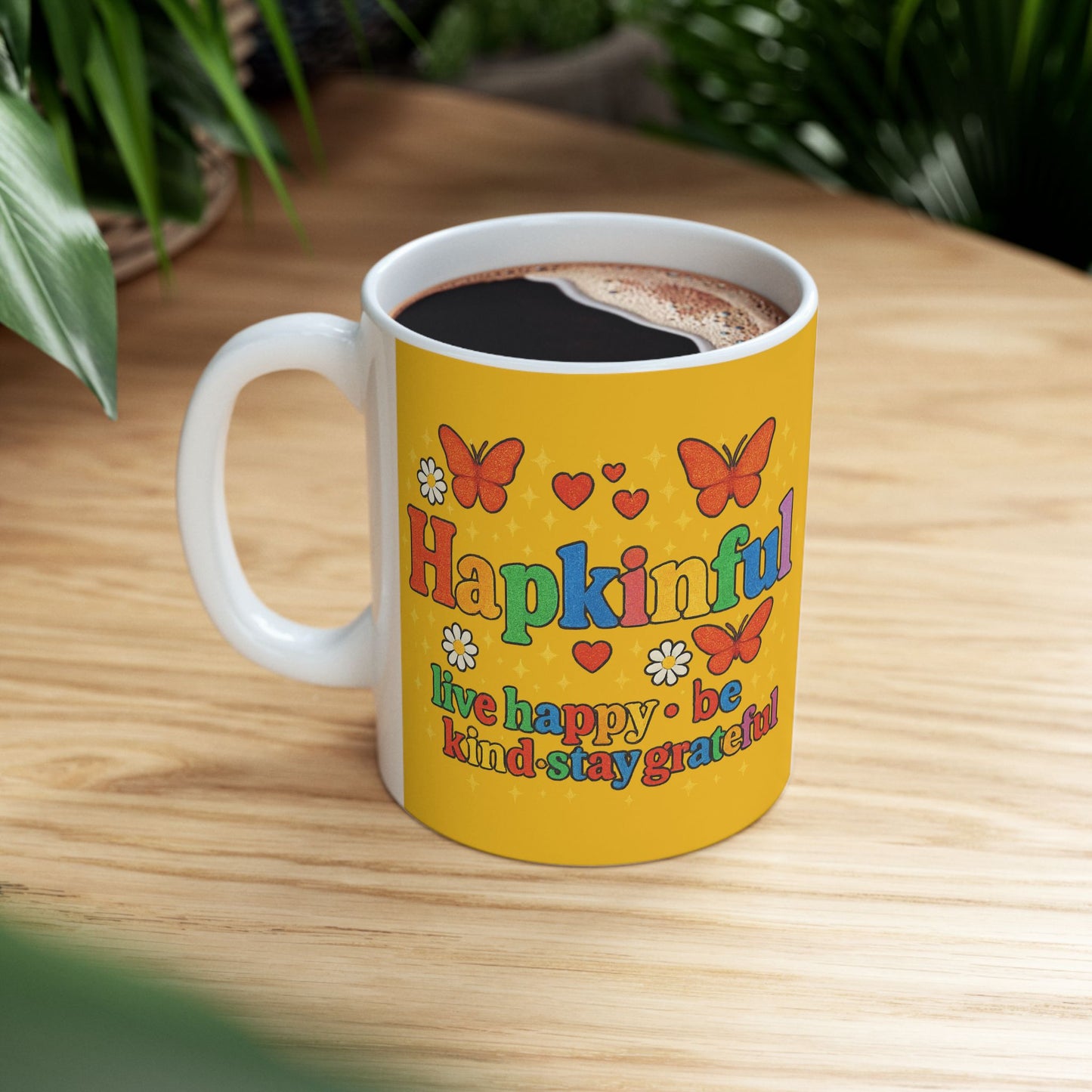 Happy Groovy Butterfly Yellow Mug - Hapkinful - Live Happy. Be Kind. Stay Grateful 11 oz