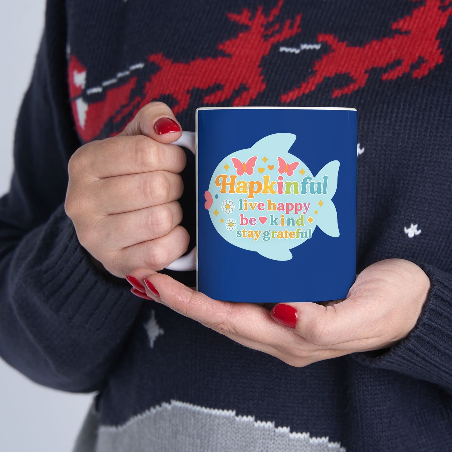 Happy Fish Mug. Live Happy. Be Kind. Stay Grateful