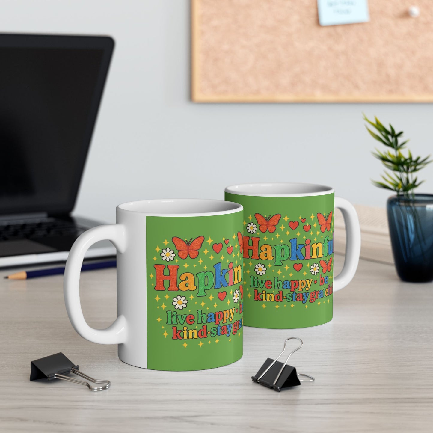 Happy Groovy Butterfly Green Mug - Hapkinful - Live Happy. Be Kind. Stay Grateful 11 oz