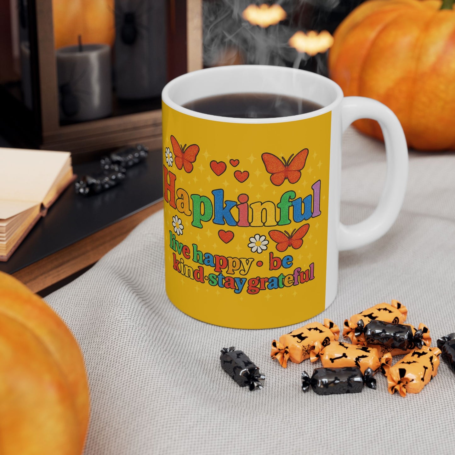 Happy Groovy Butterfly Yellow Mug - Hapkinful - Live Happy. Be Kind. Stay Grateful 11 oz