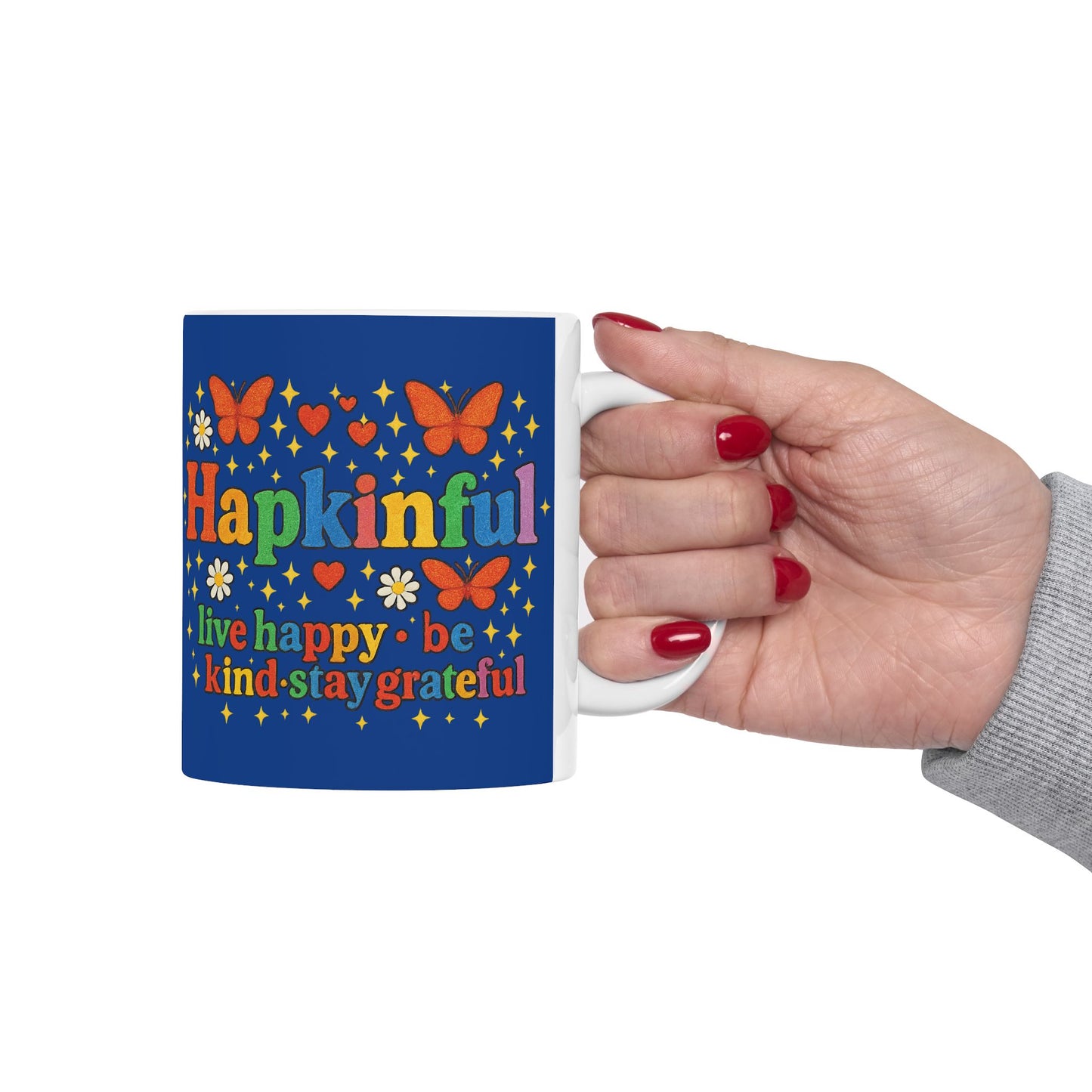 Happy Groovy Butterly Navy Blue Mug - Hapkinful - Live Happy. Be Kind. Stay Grateful. 11oz