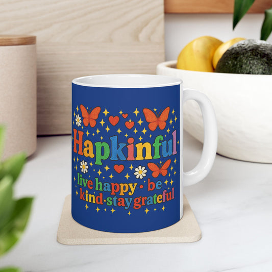 Happy Groovy Butterly Navy Blue Mug - Hapkinful - Live Happy. Be Kind. Stay Grateful. 11oz