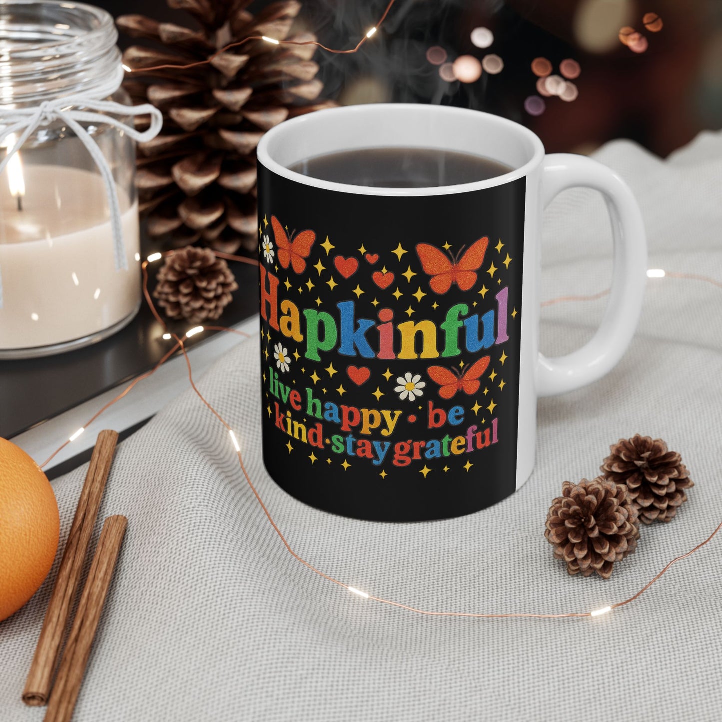 Happy Groovy Butterfly Black Mug - Hapkinful - Live Happy. Be Kind. Stay Grateful