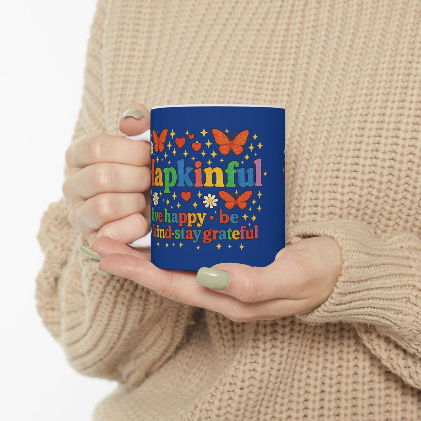 Happy Groovy Butterly Navy Blue Mug - Hapkinful - Live Happy. Be Kind. Stay Grateful. 11oz