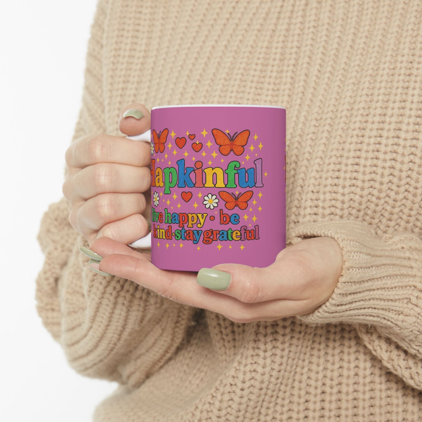 Happy Groovy Pink Butterfly Mug - Hakinful - Live Happy. Be Kind. Stay Grateful 11oz.