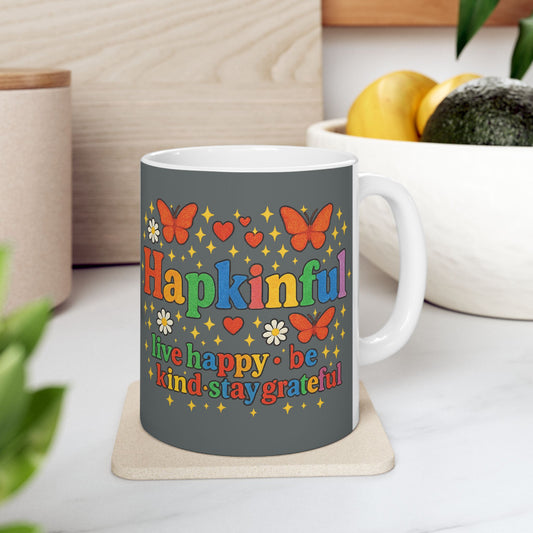 Happy Groovy Butterfly Charcoal Grey Mug - Hapkinful - Live Happy. Be Kind. Stay Grateful