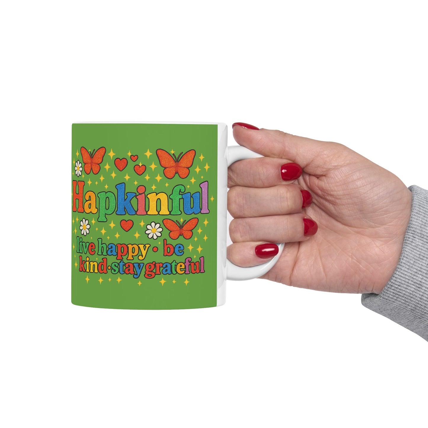 Happy Groovy Butterfly Green Mug - Hapkinful - Live Happy. Be Kind. Stay Grateful 11 oz