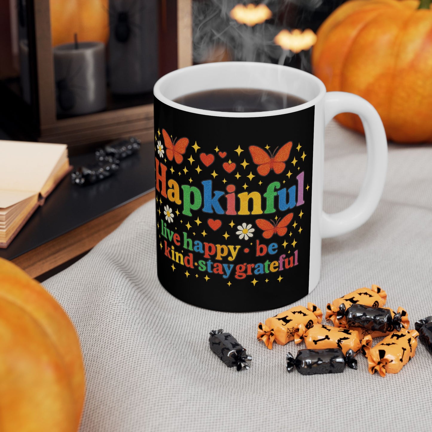 Happy Groovy Butterfly Black Mug - Hapkinful - Live Happy. Be Kind. Stay Grateful